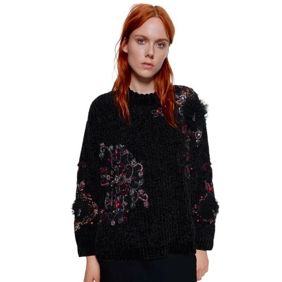 Zara Black Chenille Embellished Sweater Women’s M Beaded Sequin Velvet Floral - Picture 4 of 10